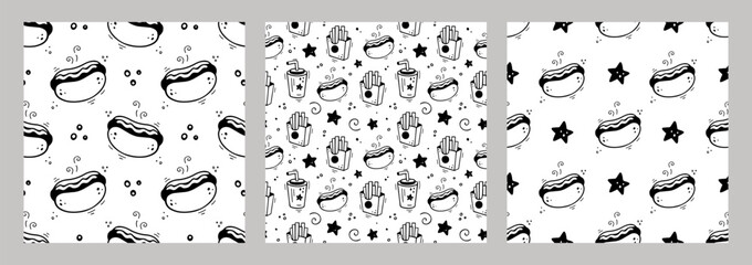 Hand drawn fast food combo seamless pattern. Set of fast food seamless patterns. Comic doodle sketch style. Vector Fast food illustration. Sketch of hot dog, paper cup of beverage, french fries box.
