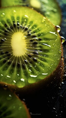 Full-screen macro close-up photograph of a wet ripe kiwi cut in half generative ai.