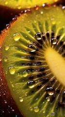 Full-screen macro close-up photograph of a wet ripe kiwi cut in half generative ai.