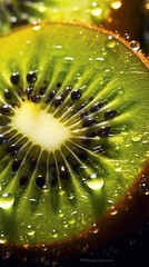 Full-screen macro close-up photograph of a wet ripe kiwi cut in half generative ai.