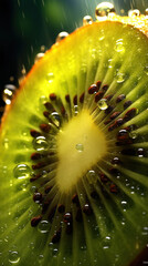 Full-screen macro close-up photograph of a wet ripe kiwi cut in half generative ai.