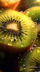 Full-screen macro close-up photograph of a wet ripe kiwi cut in half generative ai.