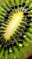 Full-screen macro close-up photograph of a wet ripe kiwi cut in half generative ai.