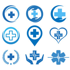 Illustration set of healthcare logos.Blue medical cross with a pulse on a white background