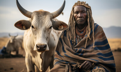 African cattle herder with his prized bull, traditional nomadic villager with cow herds in desert regions of africa AI generated