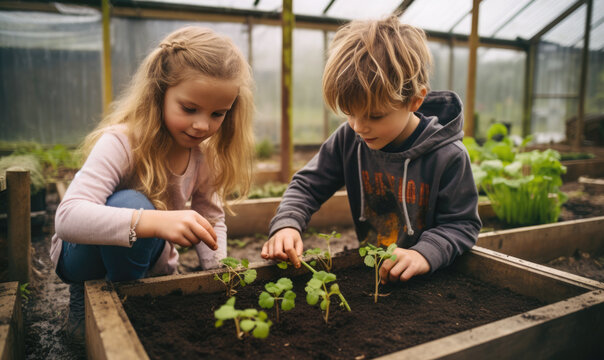 Children gardening, growing their own herbs and vegetables in a greenhouse, happy childhood siblings getting their hands dirty in the soil learning to grow on homestead generative AI