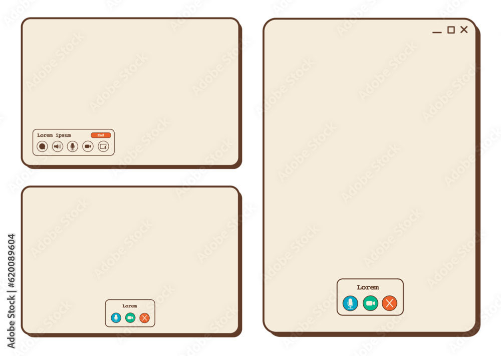 Poster vector retro video call templates. audio chat windows with widget and icons. nostalgic ui. retro vap