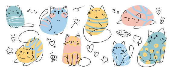 Cute and smile cat doodle vector set. Adorable cat or fluffy kitten character design collection with flat color, different poses on white background. Design illustration for sticker, comic, print. - obrazy, fototapety, plakaty