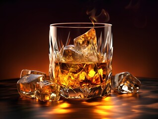 Glass of whiskey with ice cubes on dark background. 3d illustration