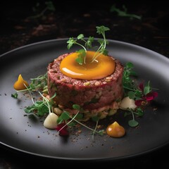 Beef tartare with egg yolk and microgreens.