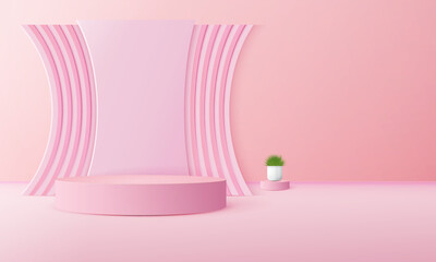 Luxury pink pastel podium scene background with back drop, product presentation, mock up, show cosmetic, product blank podium