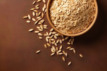 Oat flakes in a wooden bowl on brown background, top view