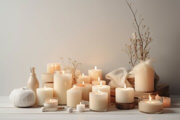Cream burning candles. Generate Ai