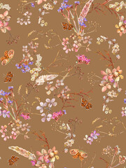Obraz premium Floral seamless pattern with dried flowers and butterflies hand drawn in watercolor. Watercolor print for wallpaper, fabric with wildflowers and herbs