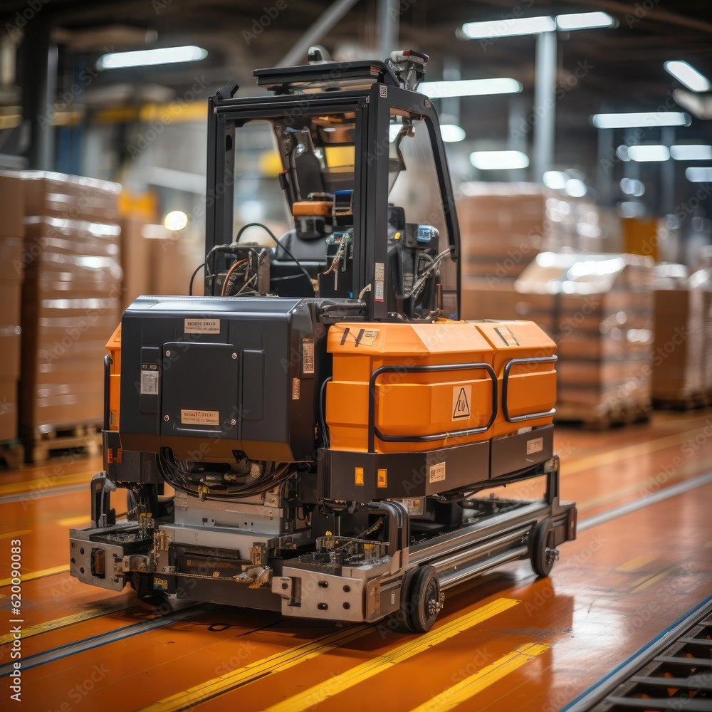 Poster Autonomous Robot transportation in warehouse, Factory 4.0 concept, Factory Automation with Automated Guided Vehicles.