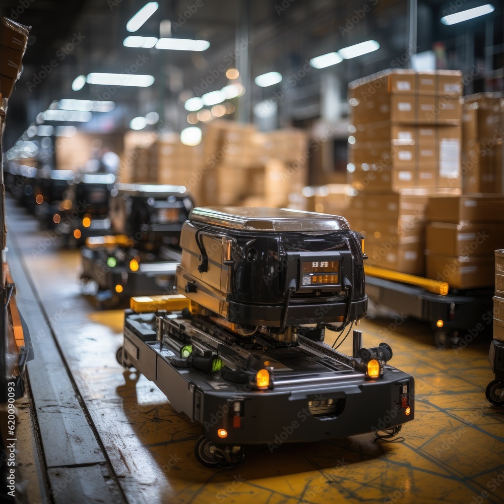 Poster Automated retail warehouse with robots efficiently sorting parcels, Automated Robotic Arm In Smart Distribution Warehouse