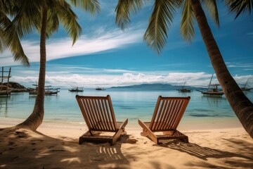Lounge chairs and palm trees, A tropical beach nature summer scene, Amazing summer travel concept.
