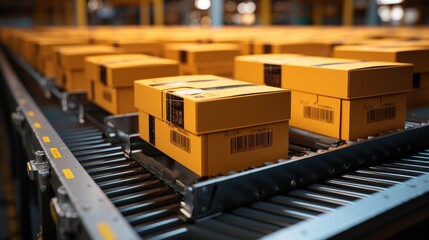 Efficient Operations in a Busy Warehouse packages conveyer belt, Modern warehouse.