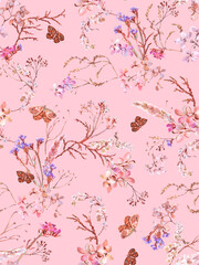 Floral seamless pattern with dried flowers and butterflies hand drawn in watercolor. Watercolor print for wallpaper, fabric with wildflowers and herbs