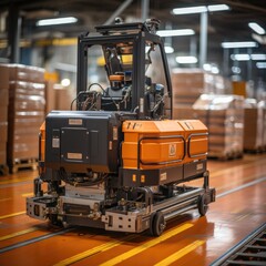 Fototapeta premium Autonomous Robot transportation in warehouse, Factory 4.0 concept, Factory Automation with Automated Guided Vehicles.
