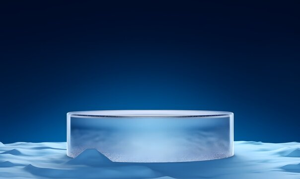 Cool ice show podium stage blue with winter iceberg product display empty presentation scene or cold advertising platform stand studio template and blank snow pedestal frozen backdrop, Ai generative
