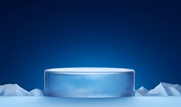 Cool ice show podium stage blue with winter iceberg product display empty presentation scene or cold advertising platform stand studio template and blank snow pedestal frozen backdrop, Ai generative