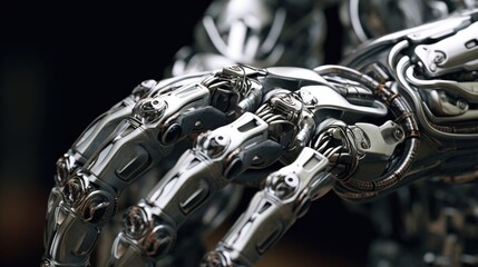 Obraz na płótnie Canvas Cyborg hand pointing, Robotic pointing arm on black background.