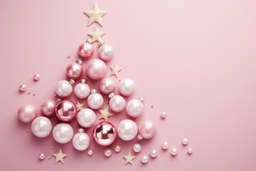 Christmas tree made of pink ball decoration on pink background, Festive decorations, Xmas background.
