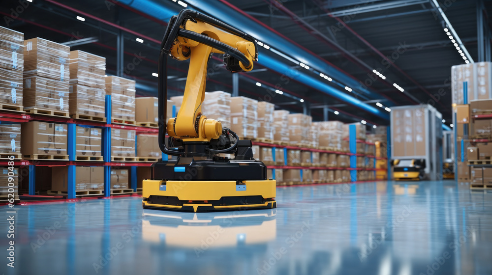 Poster Automatic machine working to transferring product and parcel in smart distribution warehouse, Autonomous delivery is robotic.