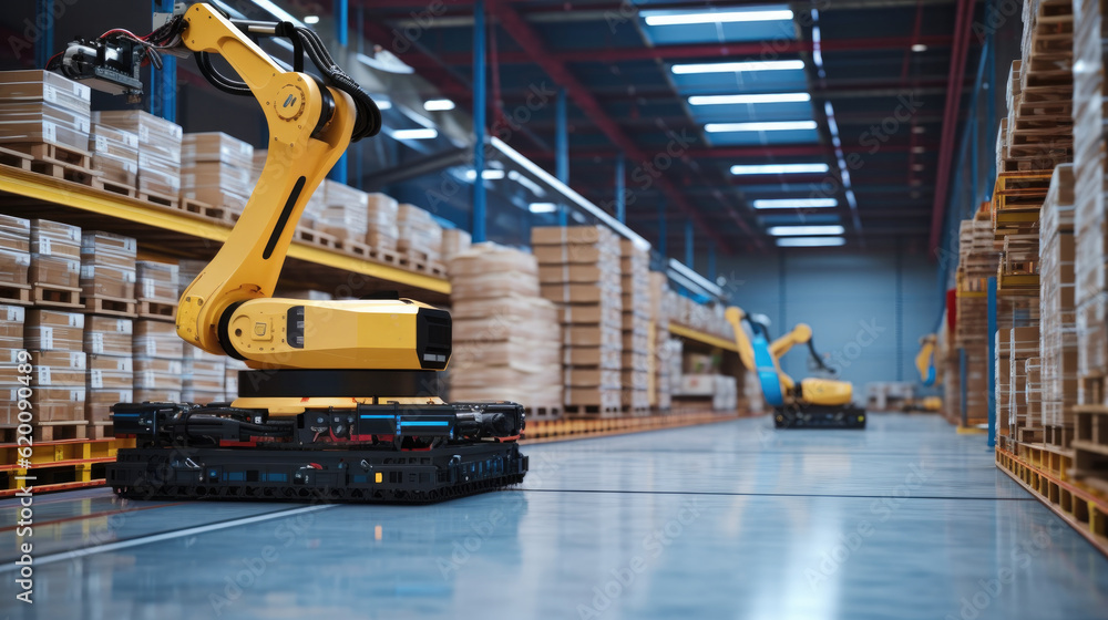 Poster Automated retail warehouse with robots efficiently sorting parcels, Automated Robotic Arm In Smart Distribution Warehouse