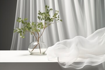 Green tree twig in glass vase on counter table, Soft blowing sheer fabric curtain in sunlight for luxury cosmetic.