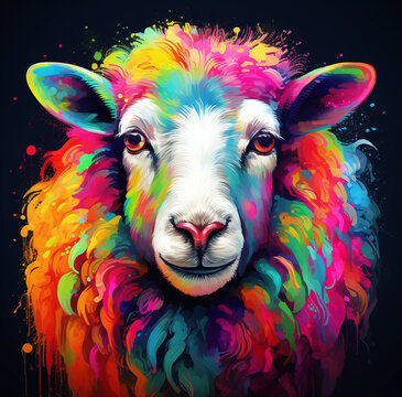 colorful sheep portrait print, in the style of liquid emulsion printing.. Generative AI