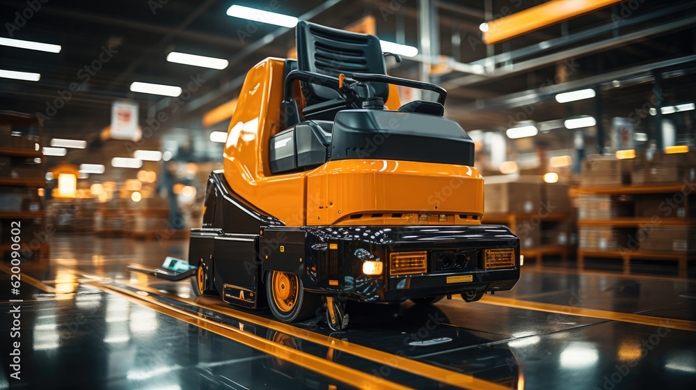 Aufkleber Factory Automation with AGV and robotic arm in transportation, Factory 4.0 concept