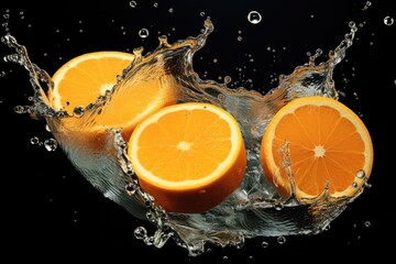 Fototapeta na wymiar Oranges fruits dropped into water splash on black background.