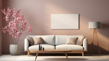 Decoration minimal, Living room interior wall mockup in warm tones with armchair on cream color wall.