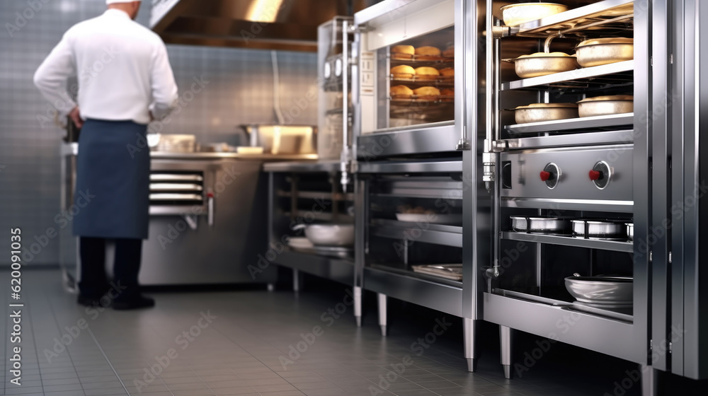 Wall mural Professional bakery kitchen and stainless steel convection, bread bun in deck oven, kneading machine, table, Stainless steel equipments.