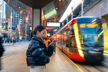 Naklejka premium Asian woman using mobile phone during waiting for train at railway station. Attractive girl enjoy urban outdoor lifestyle travel city street with using wireless technology device on holiday vacation.