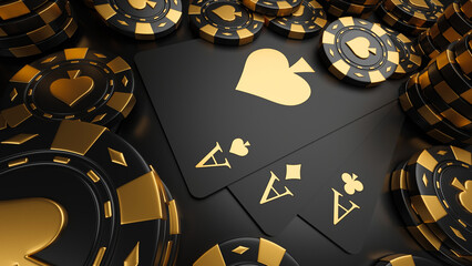 Casino game poker card playing gambling chips black and gold style banner backdrop background...