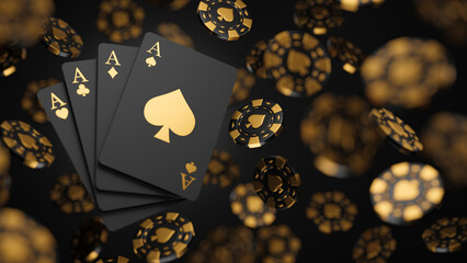 Casino game poker card playing gambling chips black and gold style banner backdrop background...