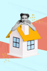 Vertical creative collage image of adorable beautiful female little house buy home apartment flat...