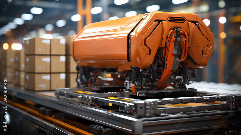 Poster Robots sort and move boxes, packaging and sorting robot, placing items into boxes for shipping, Warehouse, automatic robots.