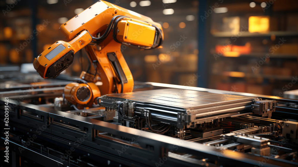 Poster Robots sort and move boxes, packaging and sorting robot, placing items into boxes for shipping, Warehouse, automatic robots.