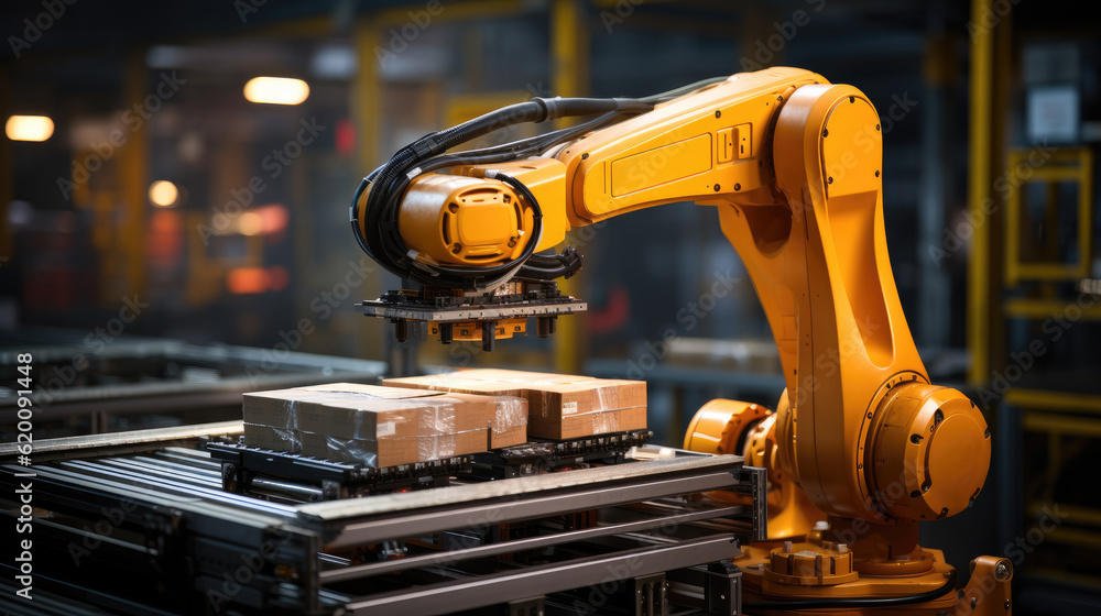 Poster Robots sort and move boxes, packaging and sorting robot, placing items into boxes for shipping, Warehouse, automatic robots.