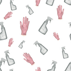 The watercolor illustration on a transparent background is handmade. Seamless pattern of spray and disposable glove