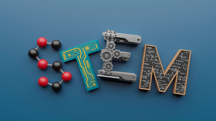 STEM typography symbols design concept. science, technology, engineering, mathematics education word. 3d rendering.