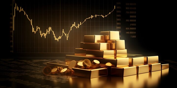 Gold bar stack and investment stock graph business concept on gold particles background with growth financial money exchange chart coin treasure. Generative AI
