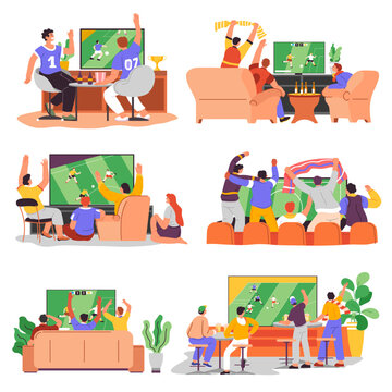 Football fans watching game at home or bars vector