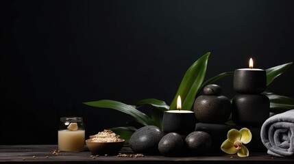 Obraz na płótnie Canvas Scented candles and accessories for spa treatments on a dark background, Zen stones.