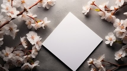 Naklejka na ściany i meble Invitation or greeting card mockup with white flowers, Card mockup with copy space on beige background.