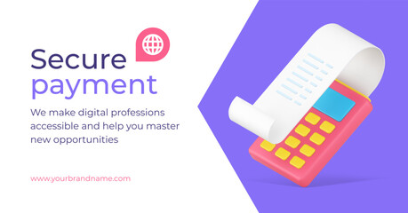 Secure banking payment POS terminal receipt for cashless shopping 3d promo banner realistic vector